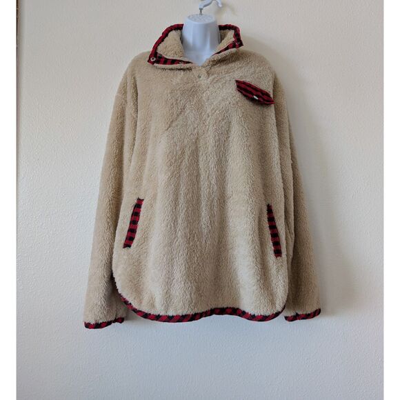 Cozy Sherpa Fleece Pullover Plaid Trim Quarter-Button Collar w/ Pockets - Picture 6 of 10